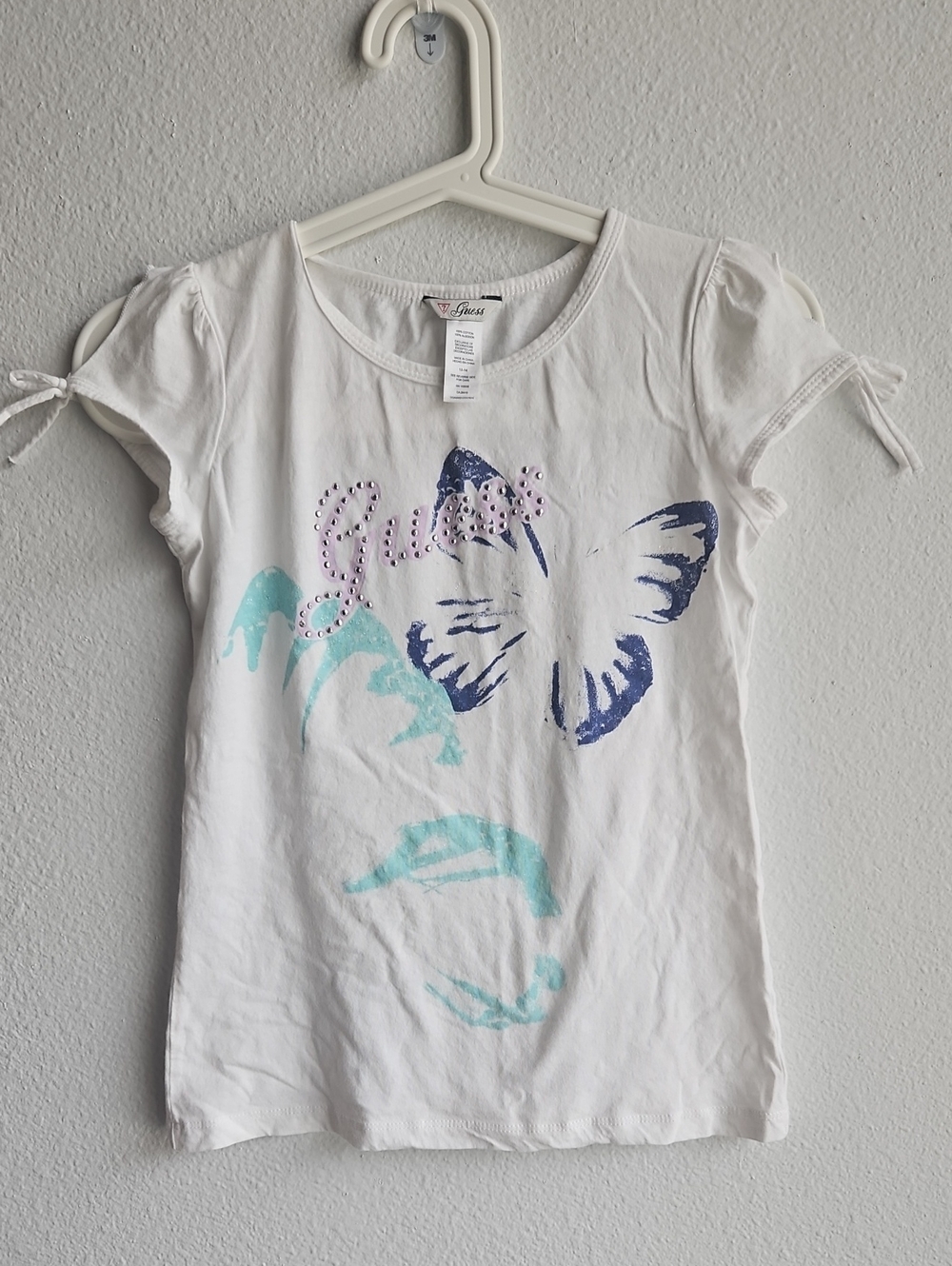 Guess White Girls' Short Sleeve Tee with Blue Butterfly & Aqua Accents 12-14